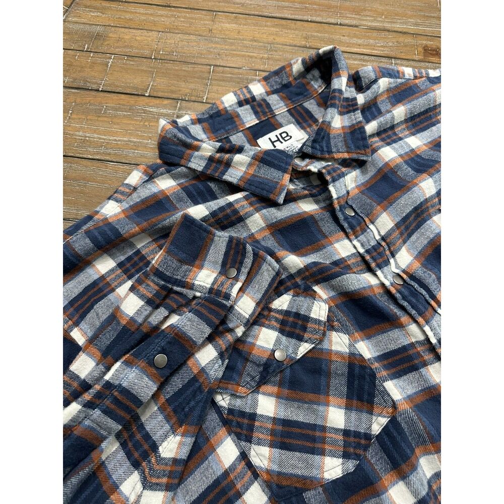 HB 4XLT Plaid Flannel Snap Button Shirt Blue Brown Long Sleeve Big Tall